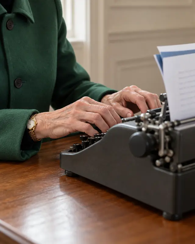 An older woman's hands typing on a dark manual typewriter, a gold watch at her green coat cuff, white and blue sheets in the platen.