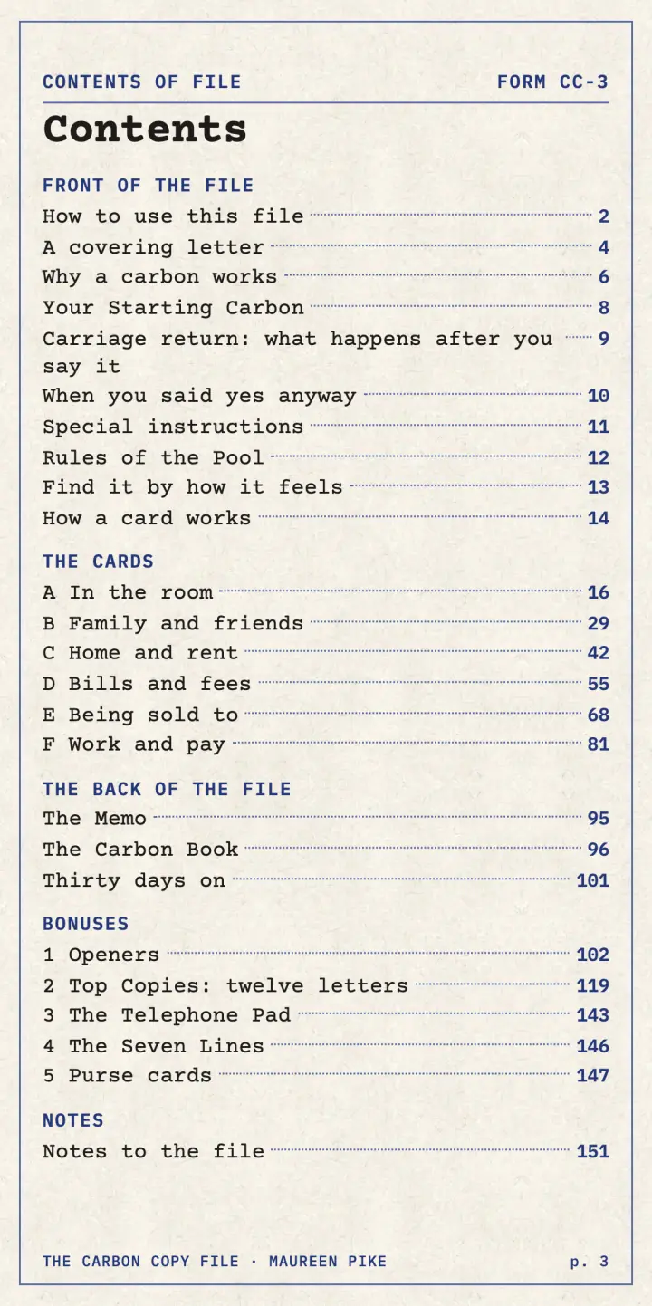 The contents page: six tabs, 36 cards and the extras at the back.