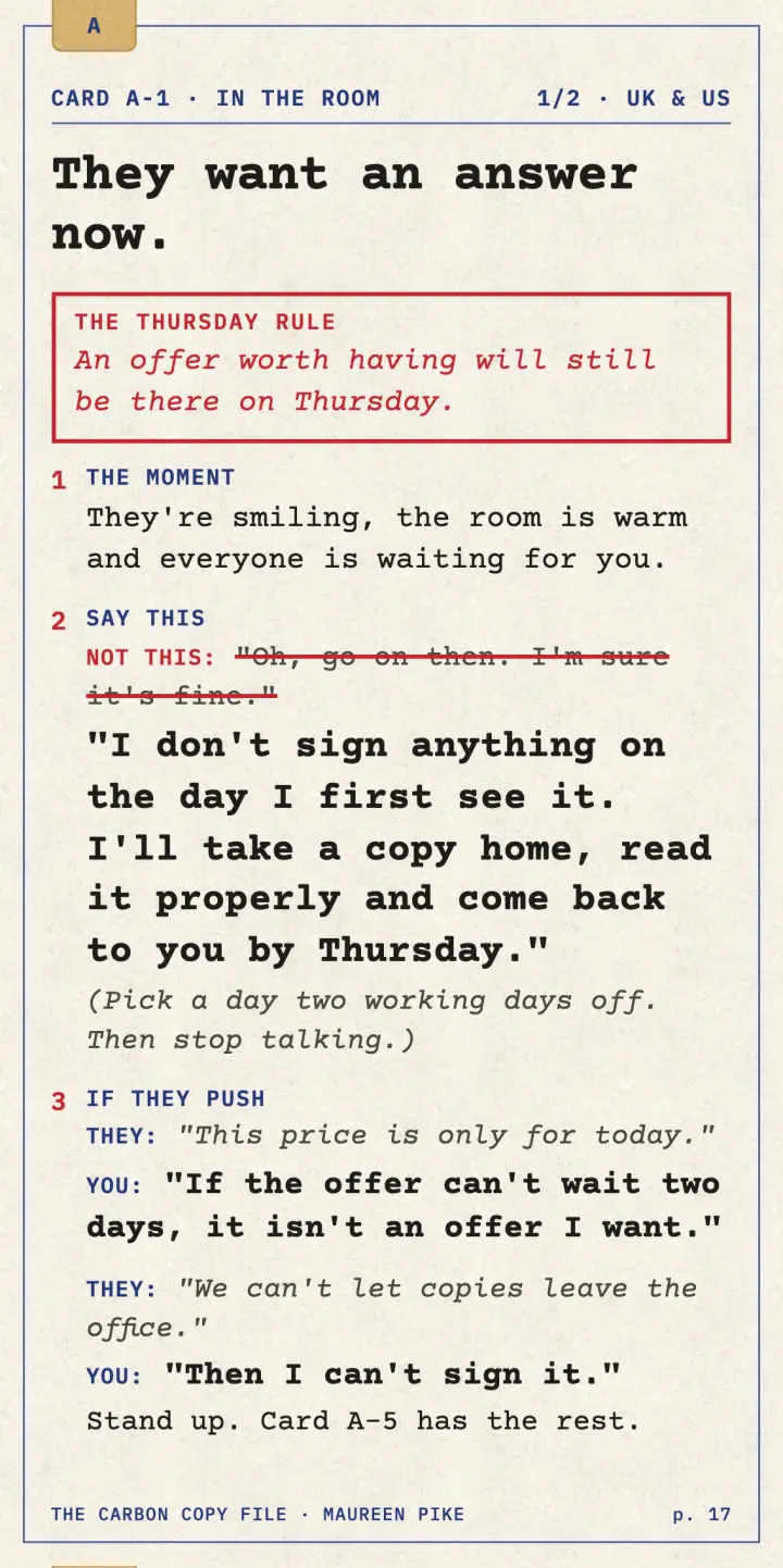 Card A-1, They want an answer now: the rule, the moment, what to say and the first push.