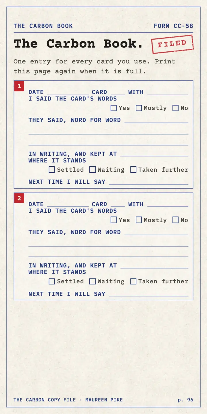 The Carbon Book: a page for noting down what was said.