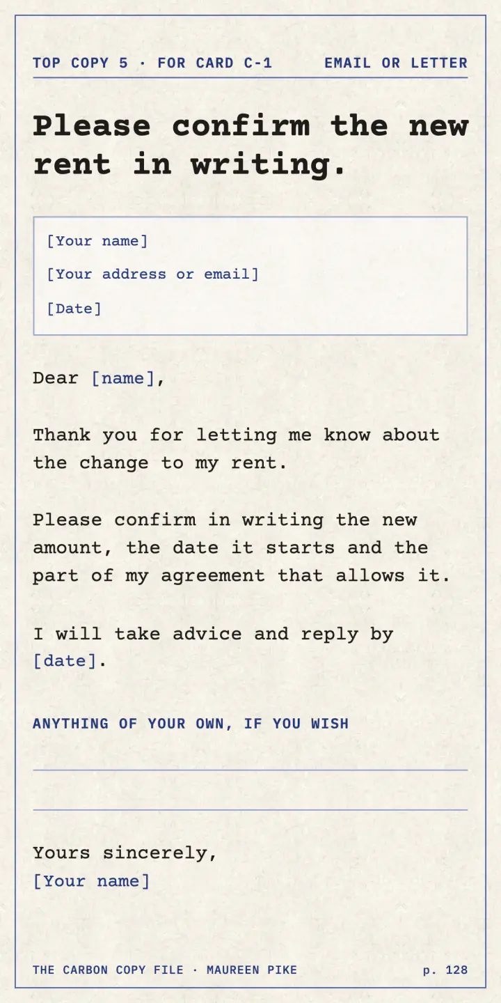 A ready-to-send letter asking for the new rent in writing.