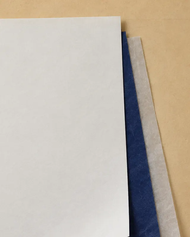 Three blank sheets fanned on a manila folder: white bond on top, blue carbon paper beneath, thin tissue at the back.
