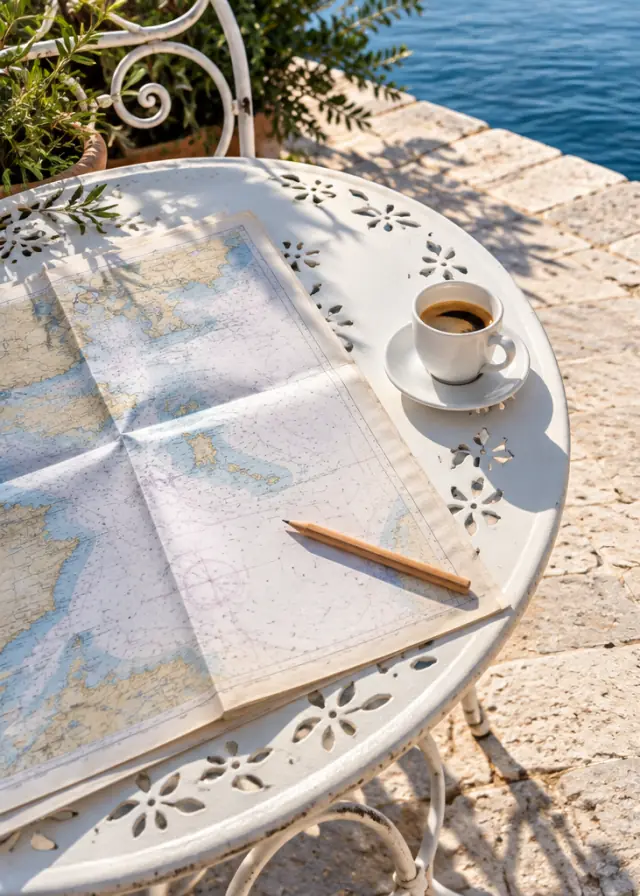 A folded sea chart, a pencil and an espresso cup on a white iron table.