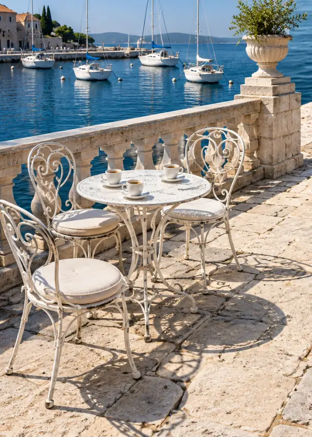 Three white iron chairs and three coffee cups around a terrace table.