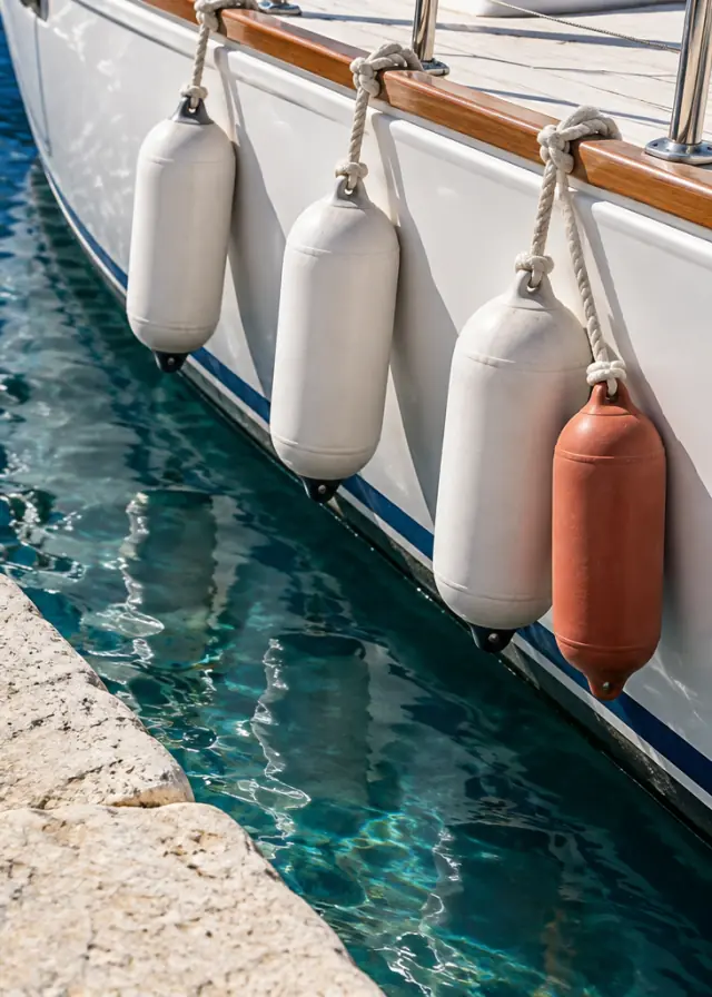 White fenders hanging against a moored boat’s hull.