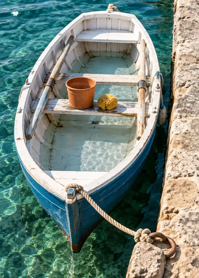 A small white rowing boat with a little water and a bailing bucket in it.