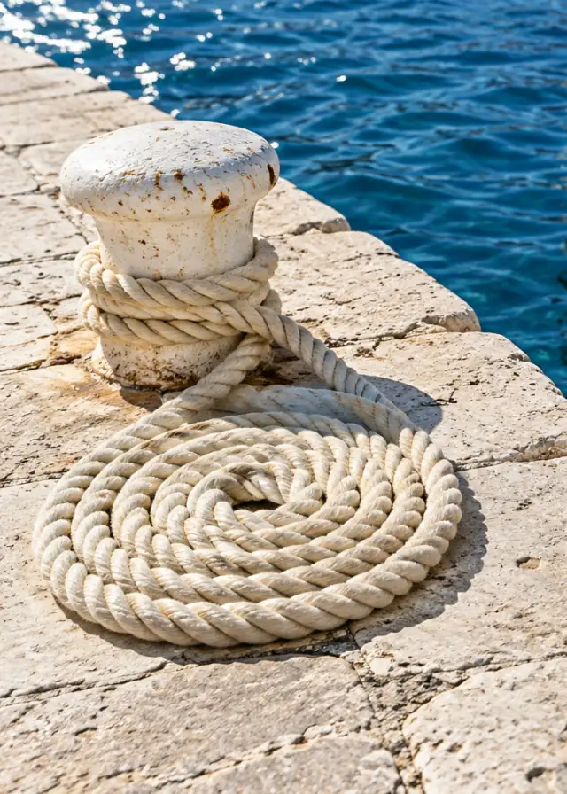 A cream mooring rope coiled on sunlit harbour stones.