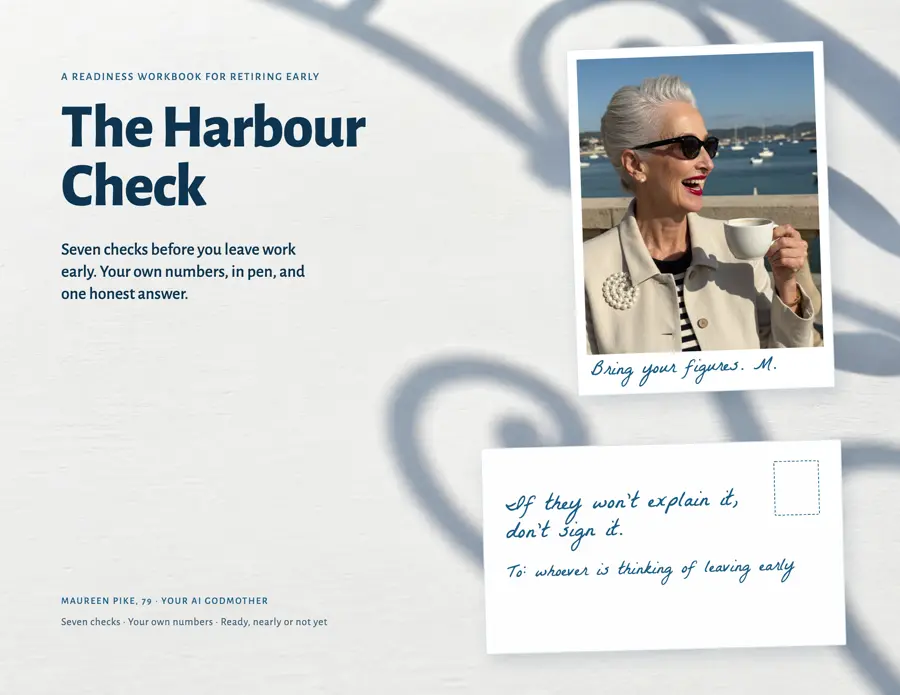 Cover of The Harbour Check, Maureen Pike’s readiness workbook for retiring early.
