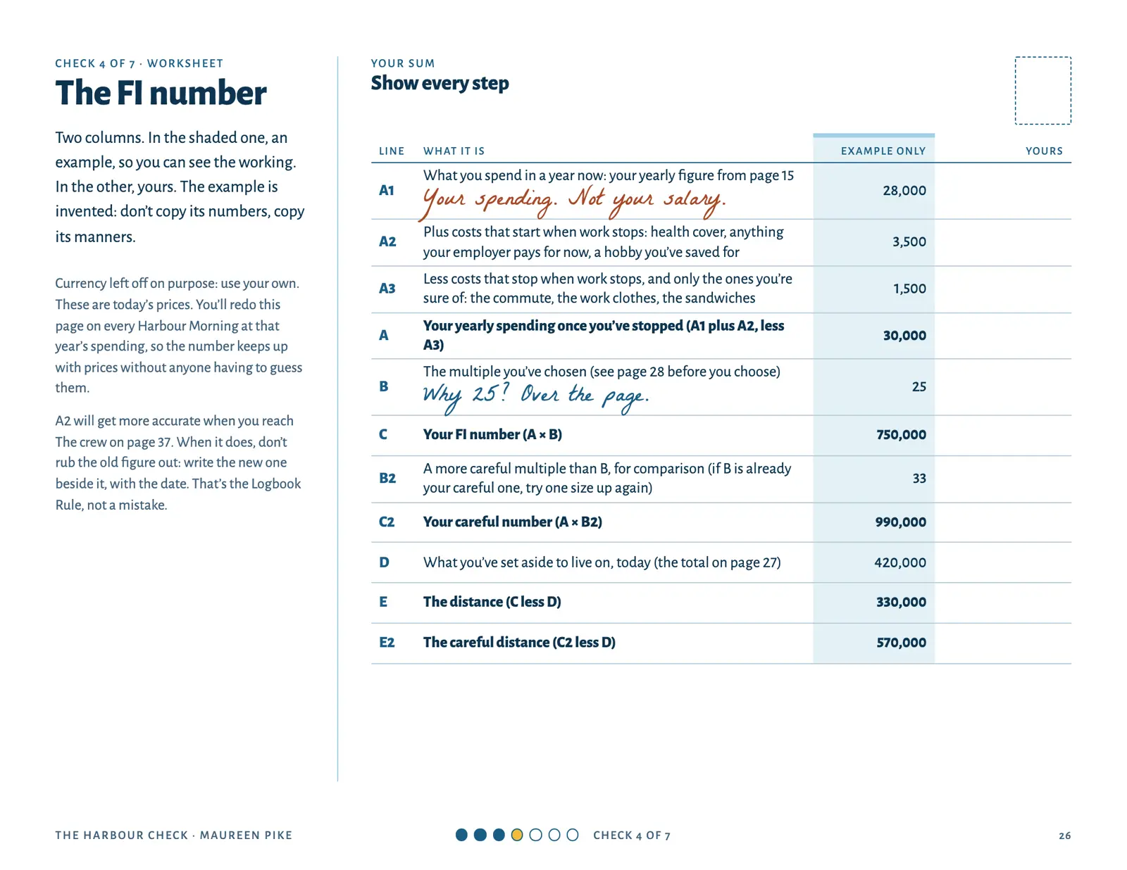 Workbook page: the FI number worksheet with an example column beside yours.