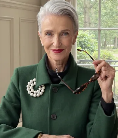 Maureen Pike, silver hair swept up, in a green coat with a pearl brooch, holding folded sunglasses at her writing desk. On a wide screen the picture is the desk itself, with her photograph lying on it.