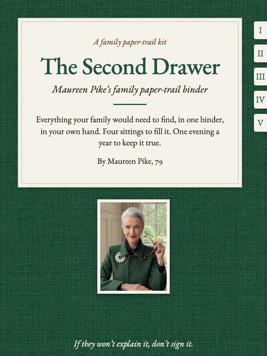 The cover of The Second Drawer: a green bookcloth binder with a pearl label.