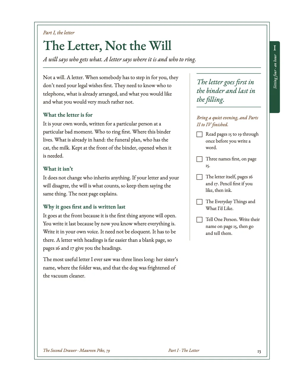 The letter, guidance page: what to put under each heading, in plain words, with a short checklist beside it.