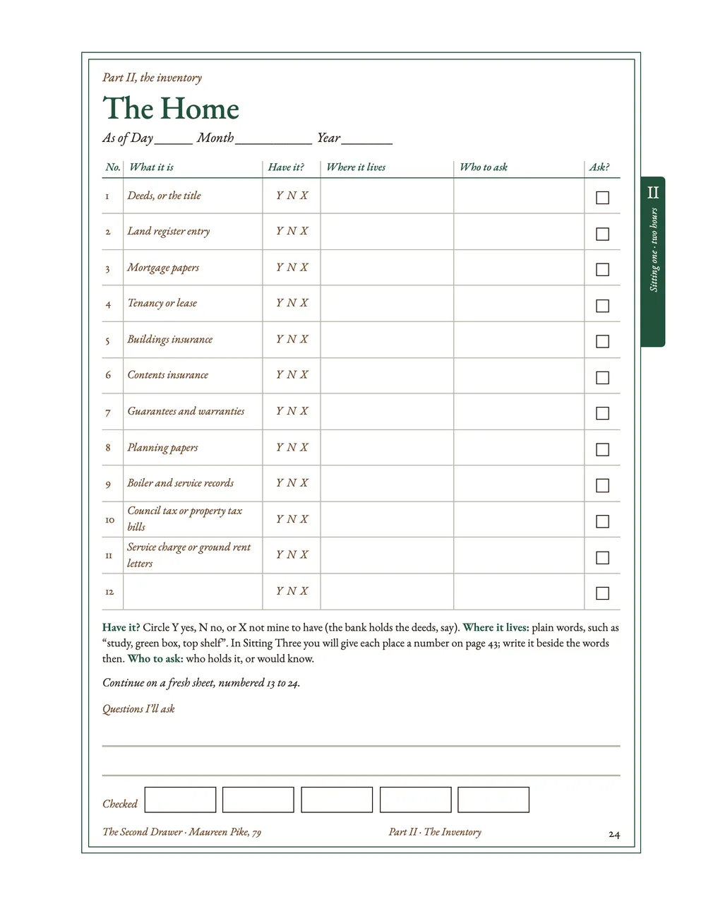 The home page of the inventory: a ruled table to fill in.