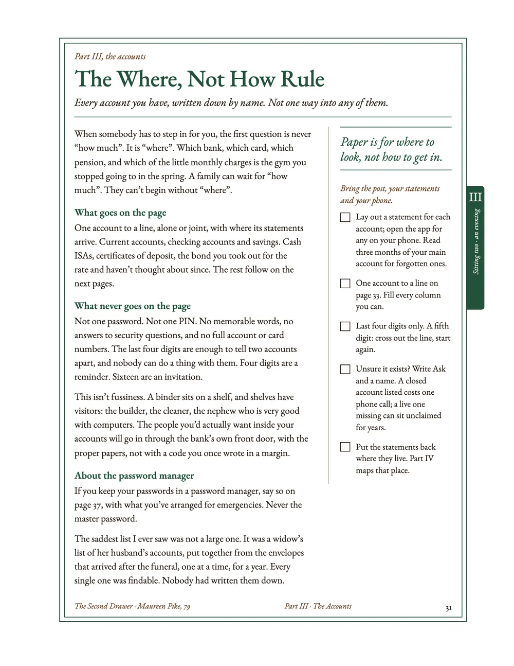 The Where, Not How rule: a page explaining why the kit lists where to look and never how to get in, with a checklist beside it.