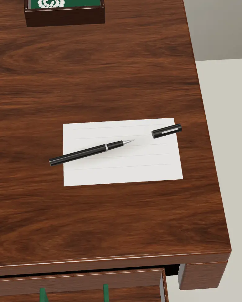 A fountain pen uncapped on a ruled card, ready to sign and date.