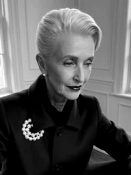 Maureen Pike, an AI character: silver hair swept up, pearl brooch, looking down.