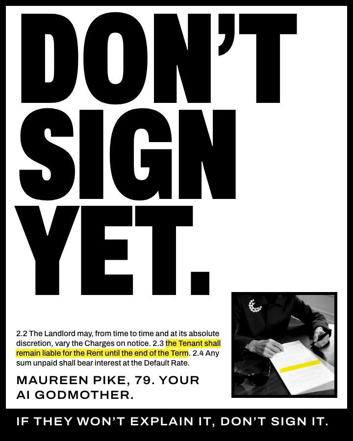 The Don't Sign Yet start screen: the words Don't Sign Yet in huge black letters over a paragraph of small print with one line highlighted yellow.