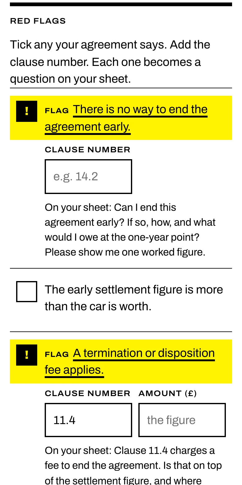 The app’s check 04, The Way Out, for car finance, with two red flags ticked and highlighted in yellow.