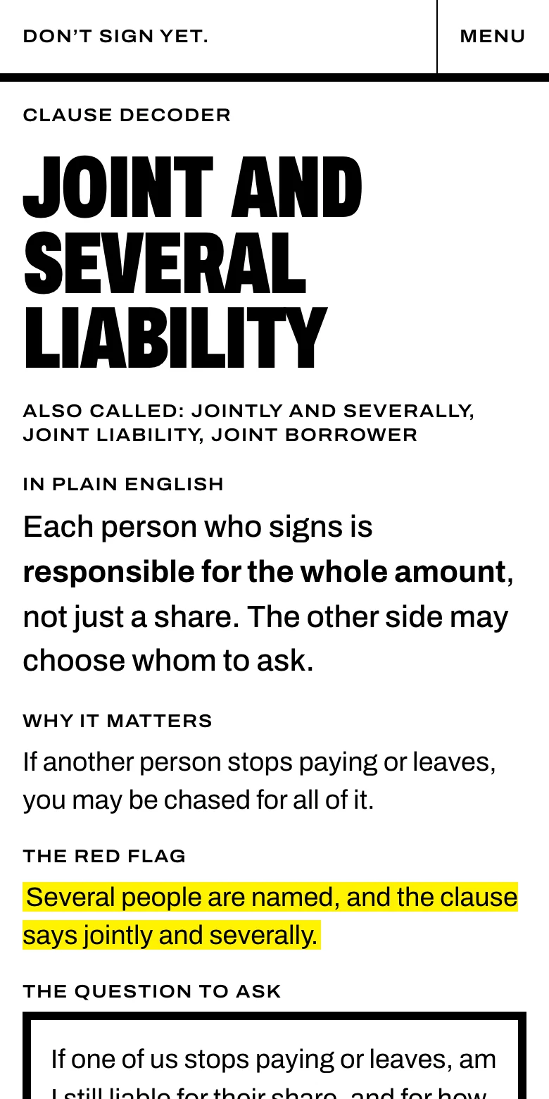 The app’s clause decoder showing the entry for joint and several liability.