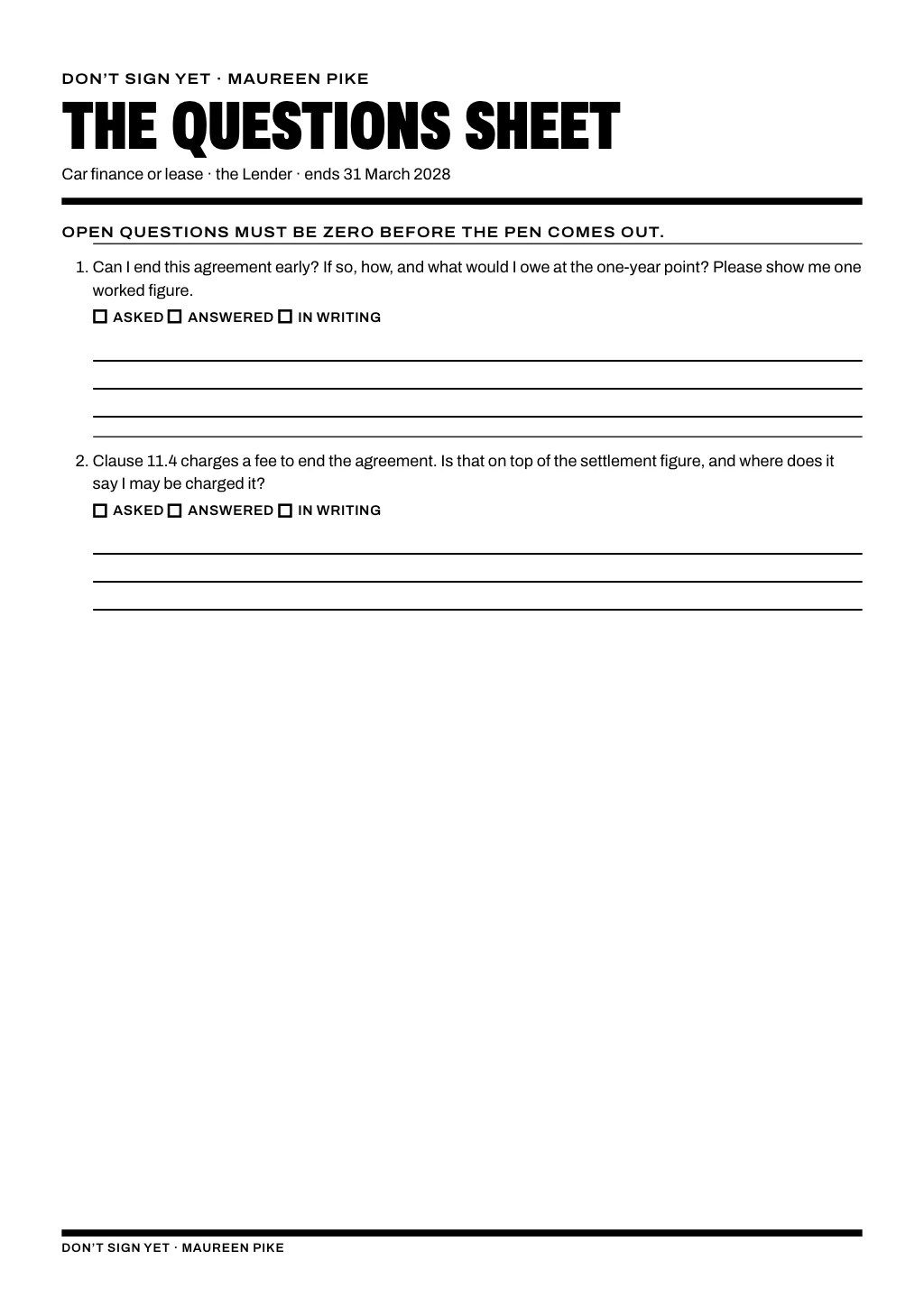 A printed A4 Questions Sheet with two written questions, each with Asked, Answered and In writing tick boxes.