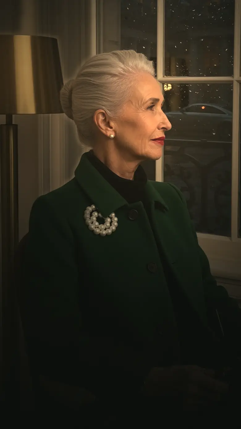 Maureen Pike, silver-haired, in a money-green coat with a pearl brooch, seated in profile beside a brass lamp and a rain-spotted window at night.
