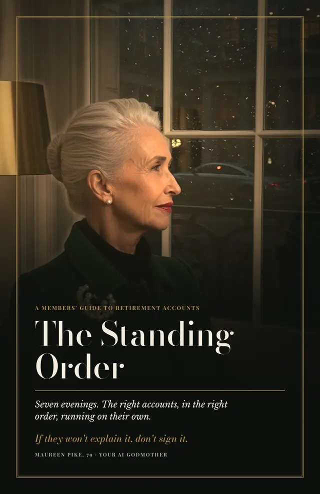 Cover of The Standing Order: Maureen Pike in profile beside a brass lamp and a night window, with the title and the line: Seven evenings. The right accounts, in the right order, running on their own.