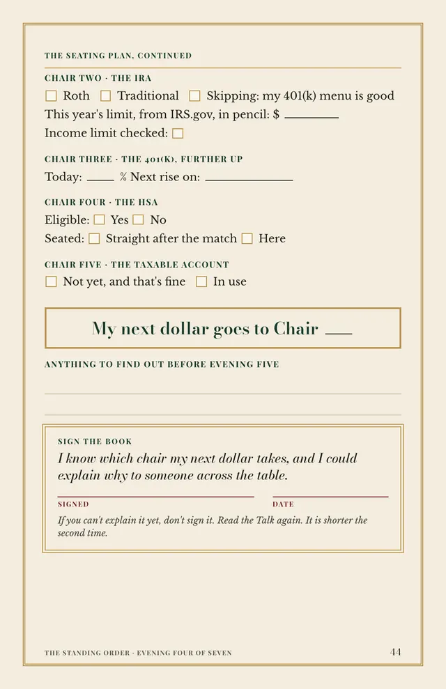 Page 44: the Seating Plan worksheet, Chairs Two to Five, and the Sign the Book panel.