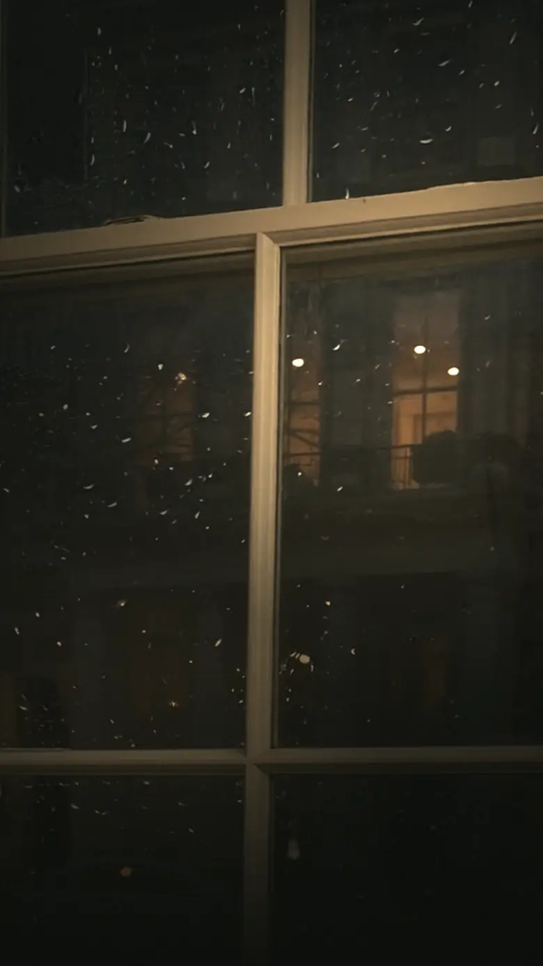 Rain on a tall window at night, the lit windows of the street opposite blurred in the glass.