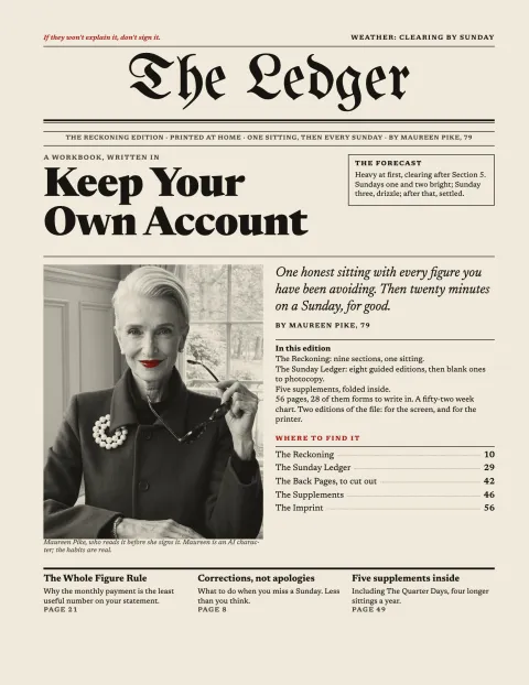 The cover of Keep Your Own Account, set as the front page of The Ledger, the Reckoning Edition, with Maureen Pike’s photograph in black and white and her lipstick in red.