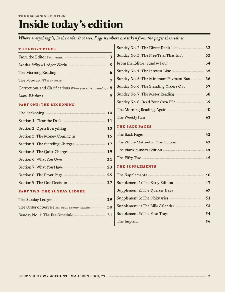 The contents page, set as a newspaper index headed Inside today’s edition.
