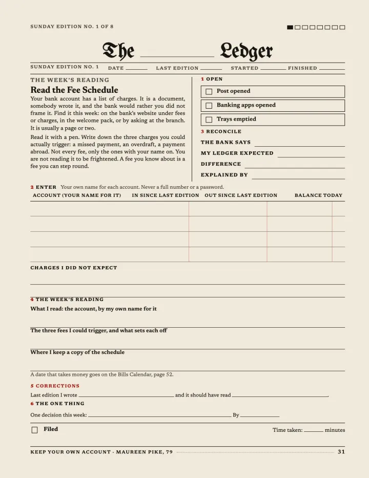 Sunday Edition No. 1: a one-page weekly form with a blank masthead for your surname.